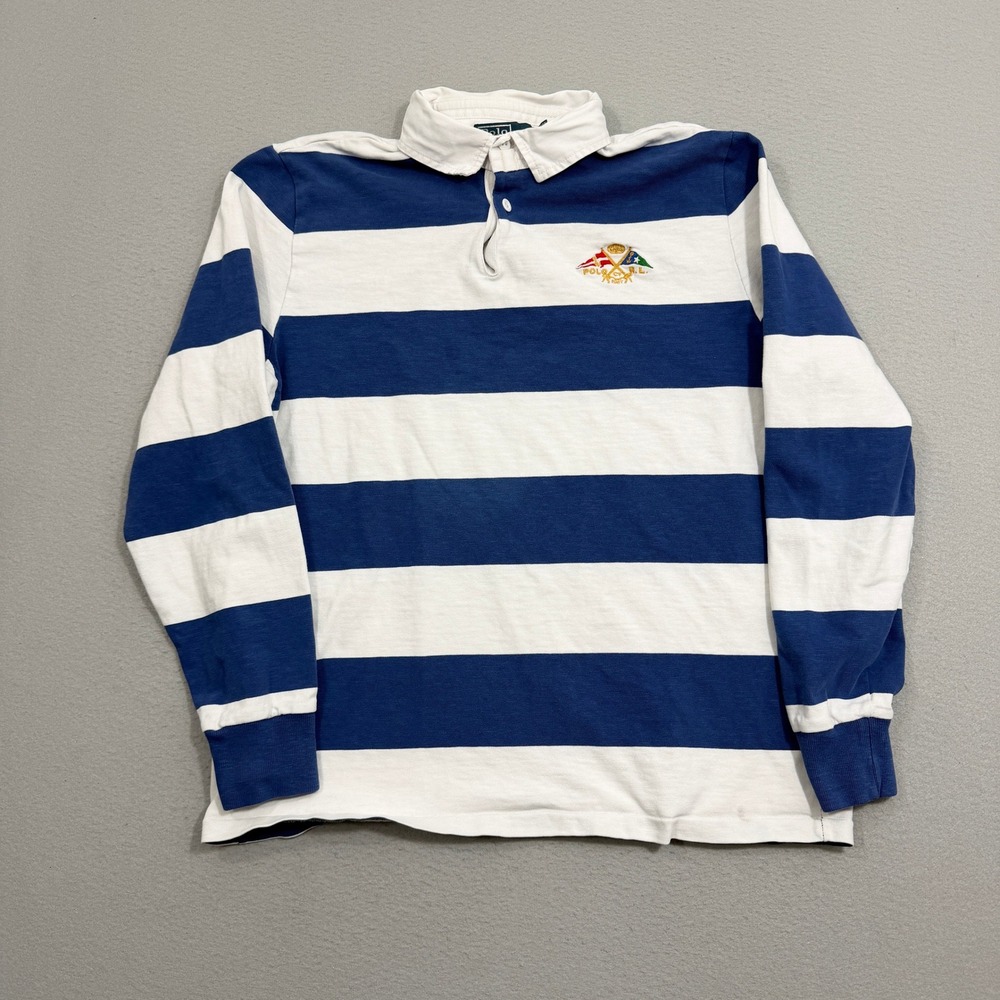 Vintage Polo Ralph Lauren Rugby Shirt Large Blue White Striped Crest Custom Fit